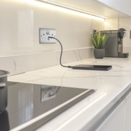 British General Nexus Metal 13A 2-Gang SP Switched Socket + 2.4A 12W 2-Outlet Type A & C USB Charger Polished Chrome with White Inserts