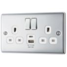British General Nexus Metal 13A 2-Gang SP Switched Socket + 2.4A 12W 2-Outlet Type A & C USB Charger Polished Chrome with White Inserts