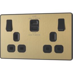 British General Evolve 13A 2-Gang SP Switched Socket + 3A 22W 2-Outlet Type A & C USB Charger Satin Brass with Black Inserts