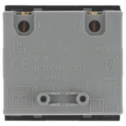 British General Euro Module Modular 3A 45W 2-Outlet Type A & C USB Socket Black
