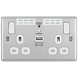 LAP  13A 2-Gang SP Switched Wi-Fi Extender + 2.1A 1-Outlet Type A USB Charger Brushed Steel with White Inserts