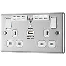 LAP  13A 2-Gang SP Switched Wi-Fi Extender + 2.1A 1-Outlet Type A USB Charger Brushed Steel with White Inserts