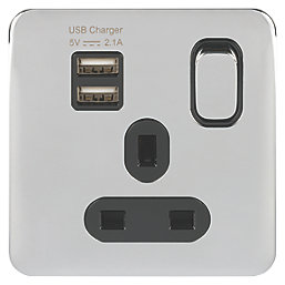 Schneider Electric Lisse Deco 13A 1-Gang SP Switched Socket + 2.1A 10.5W 2-Outlet Type A USB Charger Polished Chrome with Black Inserts