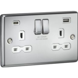 Knightsbridge  13A 2-Gang SP Switched Socket + 4.0A 20W 2-Outlet Type A & C USB Charger Polished Chrome with White Inserts