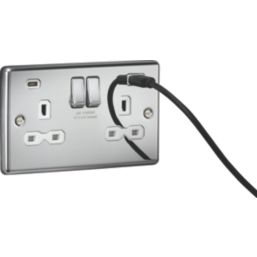 Knightsbridge  13A 2-Gang SP Switched Socket + 4.0A 20W 2-Outlet Type A & C USB Charger Polished Chrome with White Inserts
