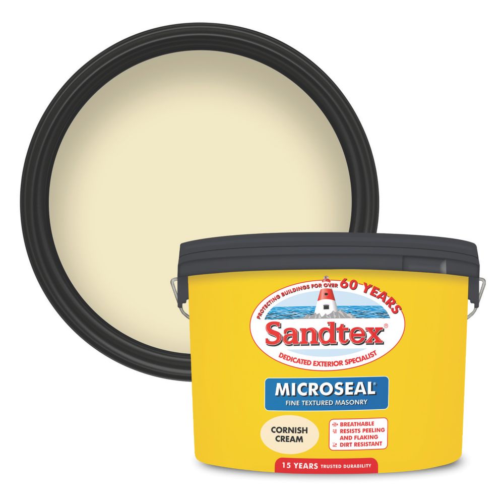 Sandtex 10Ltr Fine Textured Cornish Cream Masonry Paint Screwfix
