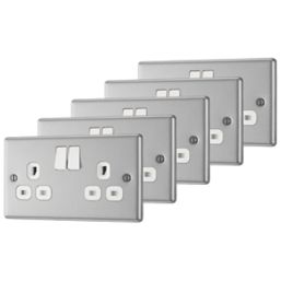 LAP  13A 2-Gang SP Switched Plug Sockets Brushed Stainless Steel  with White Inserts 5 Pack