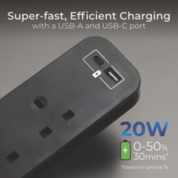 Masterplug 13A 2-Gang Unswitched  Travel Extension Lead (UK) + 3.4A 2-Outlet Type A & C USB Charger Black 0.45m