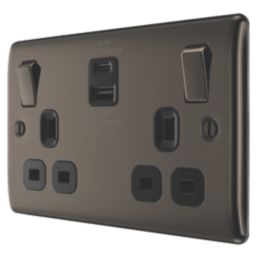 British General Nexus Metal 13A 2-Gang SP Switched Socket + 2.4A 22W 2-Outlet Type A & C USB Charger Black Nickel with Black Inserts