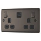 British General Nexus Metal 13A 2-Gang SP Switched Socket + 2.4A 22W 2-Outlet Type A & C USB Charger Black Nickel with Black Inserts