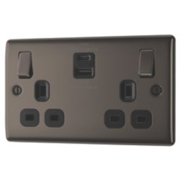 British General Nexus Metal 13A 2-Gang SP Switched Socket + 2.4A 22W 2-Outlet Type A & C USB Charger Black Nickel with Black Inserts