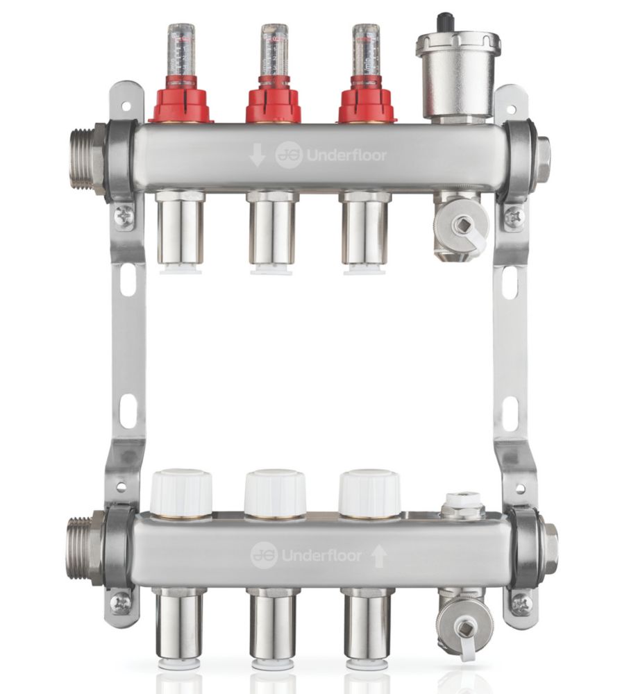 JG Underfloor 3 Port LowFit Heating Manifold Brushed Steel Screwfix