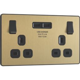 British General Evolve 13A 2-Gang SP Switched Socket + 3.1A 15.5W 2-Outlet Type A USB Charger Satin Brass with Black Inserts