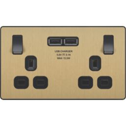 British General Evolve 13A 2-Gang SP Switched Socket + 3.1A 15.5W 2-Outlet Type A USB Charger Satin Brass with Black Inserts