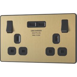 British General Evolve 13A 2-Gang SP Switched Socket + 3.1A 15.5W 2-Outlet Type A USB Charger Satin Brass with Black Inserts