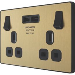 British General Evolve 13A 2-Gang SP Switched Socket + 3.1A 15.5W 2-Outlet Type A USB Charger Satin Brass with Black Inserts
