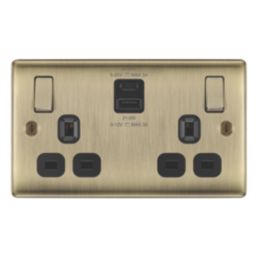 British General Nexus Metal 13A 2-Gang SP Switched Socket + 2.4A 22W 2-Outlet Type A & C USB Charger Antique Brass with Black Inserts