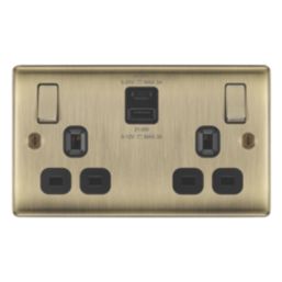 British General Nexus Metal 13A 2-Gang SP Switched Socket + 2.4A 22W 2-Outlet Type A & C USB Charger Antique Brass with Black Inserts