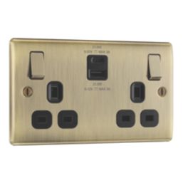 British General Nexus Metal 13A 2-Gang SP Switched Socket + 2.4A 22W 2-Outlet Type A & C USB Charger Antique Brass with Black Inserts