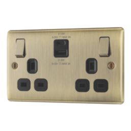 British General Nexus Metal 13A 2-Gang SP Switched Socket + 2.4A 22W 2-Outlet Type A & C USB Charger Antique Brass with Black Inserts