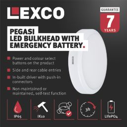 Lexco Pegasi Indoor Maintained or Non-Maintained Emergency Round LED Bulkhead White 19W 1200-1900lm