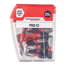 Milwaukee Shockwave 10mm 25mm Straight Shank PH2 Screwdriver Bit Set 25 Pieces
