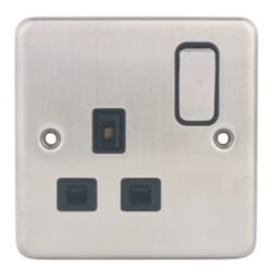 Hager Sollysta WRSS81BSB  13A 1-Gang 2P+E Switched Socket Brushed Stainless Steel  with Black Inserts