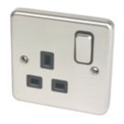 Hager Sollysta WRSS81BSB  13A 1-Gang 2P+E Switched Socket Brushed Stainless Steel  with Black Inserts