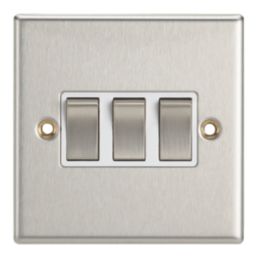 Contactum iConic 10AX 3-Gang 2-Way Light Switch  Brushed Steel with White Inserts