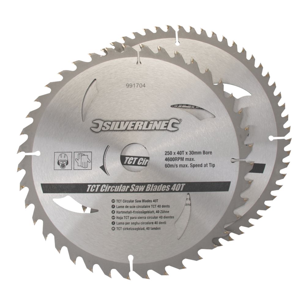 Silverline Wood Chipboard MDF TCT Circular Saw Blades 250mm x 30mm 40 60T 2 Pieces Screwfix