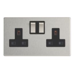 Contactum Lyric 13A 2-Gang DP Switched Socket Outlet Brushed Steel  with Black Inserts