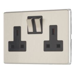 Contactum Lyric 13A 2-Gang DP Switched Socket Outlet Brushed Steel  with Black Inserts