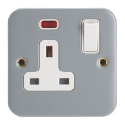 Contactum   13A 1-Gang DP Switched Metal Clad Socket with Neon with White Inserts