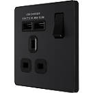 British General Evolve 13A 1-Gang SP Switched Socket + 2.1A 10.5W 2-Outlet Type A USB Charger Matt Black with Black Inserts