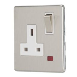 Contactum Lyric 13A 1-Gang DP Switched Socket Outlet Brushed Steel with Neon with White Inserts
