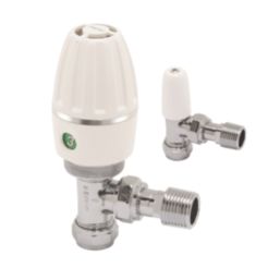 Pegler Terrier Terrier 3 15mm x 1/2" White/Chrome Angled & L/S Standard Thermostatic Radiator Valve & Lockshield
