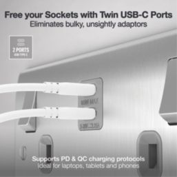 British General Nexus Metal 13A 2-Gang SP Switched Socket + 3.25A 65W 2-Outlet Type C USB Charger Brushed Steel with Grey Inserts