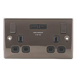British General Nexus Metal 13A 2-Gang SP Switched Socket + 3.1A 15.5W 2-Outlet Type A USB Charger Black Nickel with Black Inserts