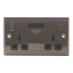 British General Nexus Metal 13A 2-Gang SP Switched Socket + 3.1A 15.5W 2-Outlet Type A USB Charger Black Nickel with Black Inserts