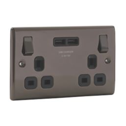 British General Nexus Metal 13A 2-Gang SP Switched Socket + 3.1A 15.5W 2-Outlet Type A USB Charger Black Nickel with Black Inserts