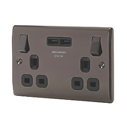 British General Nexus Metal 13A 2-Gang SP Switched Socket + 3.1A 15.5W 2-Outlet Type A USB Charger Black Nickel with Black Inserts