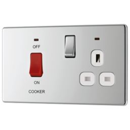 LAP  45A 2-Gang DP Cooker Switch & 13A DP Switched Socket Polished Chrome with LED with White Inserts