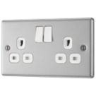 LAP  13A 2-Gang SP Switched Plug Socket Brushed Stainless Steel  with White Inserts