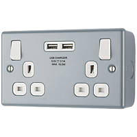 British General  13A 2-Gang SP Switched Metal Clad Socket + 3.1A 2-Outlet Type A USB Charger with White Inserts
