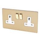 Varilight  13AX 2-Gang DP Switched Plug Socket Brushed Brass  with White Inserts