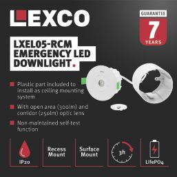 Lexco  Fixed  Recessed Non-Maintained Emergency LED Downlight White 1.6W 300lm 104mm