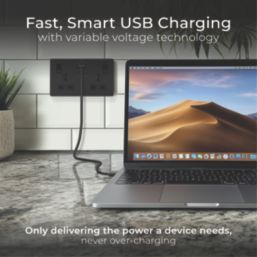 British General Evolve 13A 2-Gang SP Switched Socket + 3A 45W 2-Outlet Type A & C USB Charger Matt Black with Black Inserts