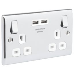 British General Nexus Metal 13A 2-Gang SP Switched Socket + 3.1A 15.5W 2-Outlet Type A USB Charger Polished Chrome with White Inserts