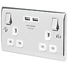 British General Nexus Metal 13A 2-Gang SP Switched Socket + 3.1A 15.5W 2-Outlet Type A USB Charger Polished Chrome with White Inserts