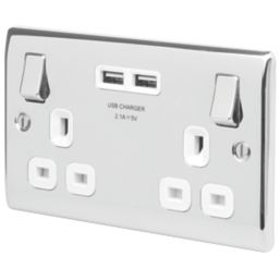 British General Nexus Metal 13A 2-Gang SP Switched Socket + 3.1A 15.5W 2-Outlet Type A USB Charger Polished Chrome with White Inserts